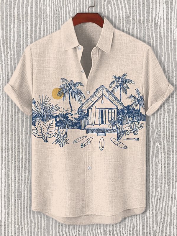Men's Resort Beach Scenery Art Print Short Sleeve Shirt