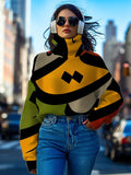 Women's Retro Character Art Colorblock Print High Neck Knit Sweatshirt