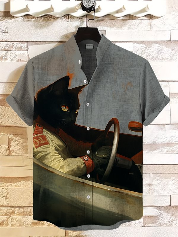 Men's Cool Black Cat Racer Art Print Casual Shirt
