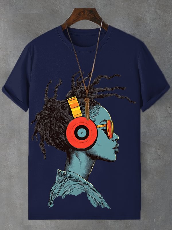Men's Funny African Music Girl Print Cotton Casual T-Shirt
