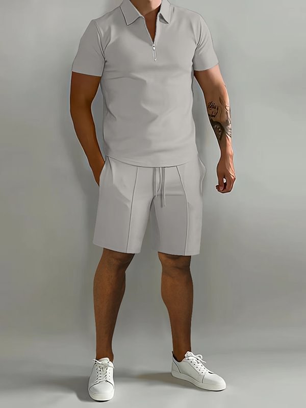 Men's Casual Half Zipper Polo Shirt Drawstring Shorts Two-Piece Set