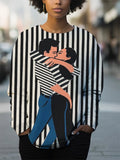 Women's Striped Couple Kissing Art Print Casual Sweatshirt
