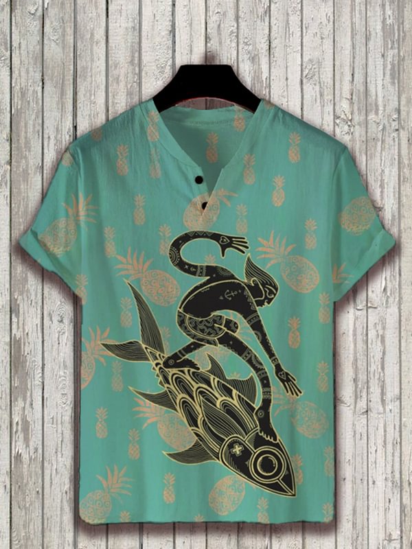 Men's Fish Surf Pineapple Art Print Casual V Neck Button T-Shirt