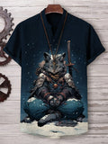 Men's Cat Saber Warrior Meditation Snow Art Print Casual V-Neck Shirt