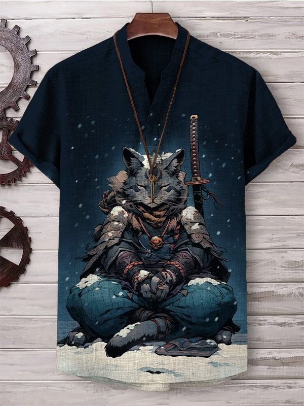 Men's Cat Saber Warrior Meditation Snow Art Print Casual V-Neck Shirt