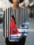 Women's Fashionable Lady Striped Art Print Casual Sweatshirt