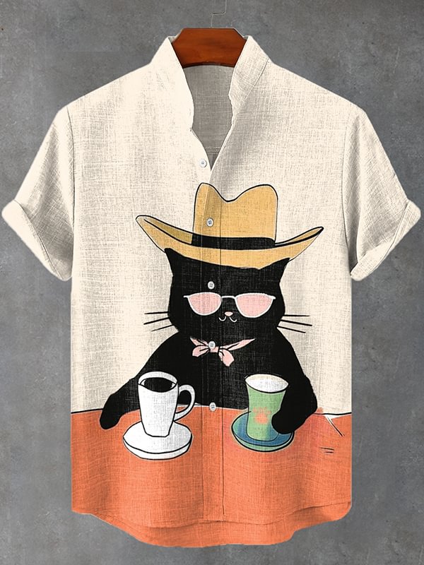 Men's Chilling Cat Cowboy Coffee Print Linen Blend Shirt