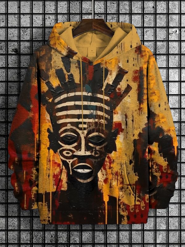 Men's Vintage Black Traditional Tribal Art Print Hooded Sweatshirt