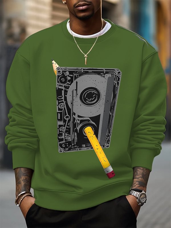 Men's Cassette Tape And Pencil Retro Art Print Cotton Casual Sweatshirt