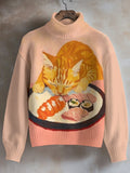 Women's Hungry Cat Eats Sushi Print High Neck Knit Sweatshirt
