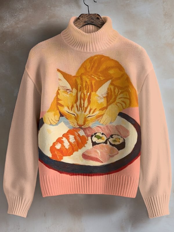 Women's Hungry Cat Eats Sushi Print High Neck Knit Sweatshirt