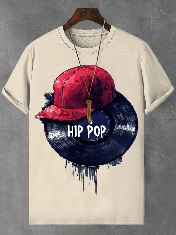 Men's Hip Pop Record Hat Print Cotton Casual T-Shirt