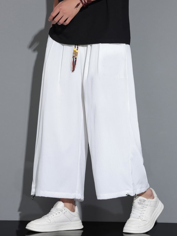 Men's Plain Loose Wide Leg Drawstring Waist Casual Cropped Pants