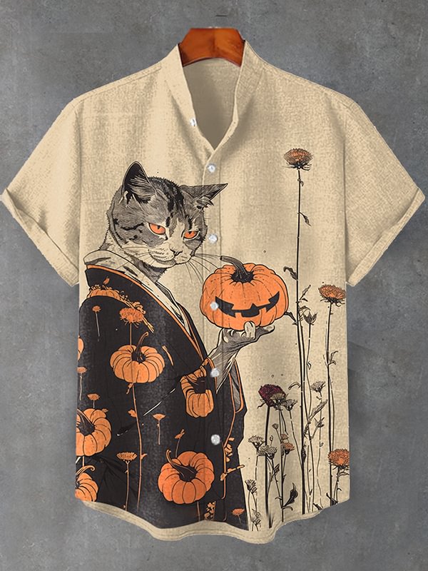 Men's Japanese Autumn Kimono Cat Boho Art Print Shirt