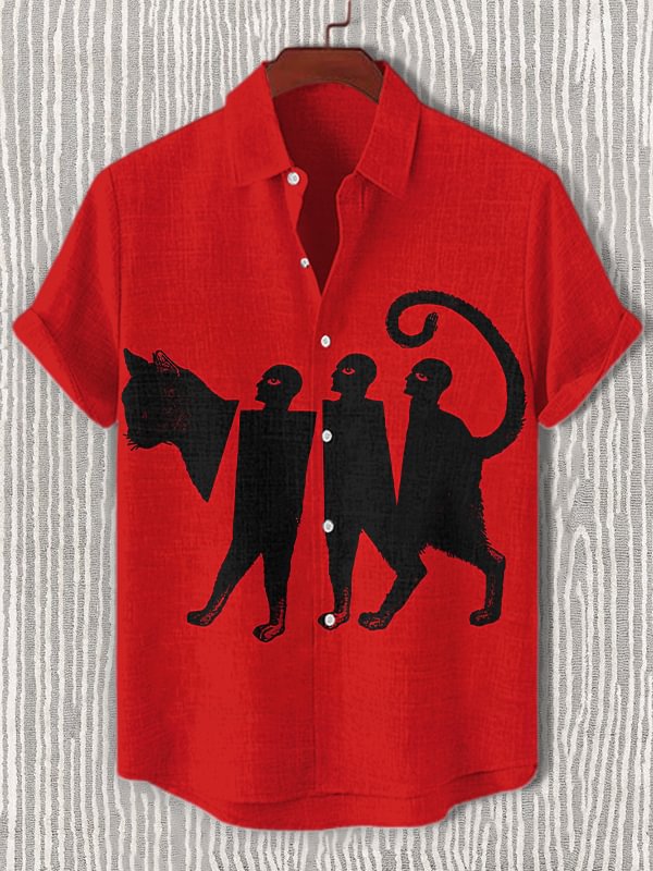 Men's Funny Paper Man Stitching Cat Art Print Short Sleeve Shirt