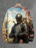 Men's Vintage Medieval Knight And Cat Print Knit Sweatshirt
