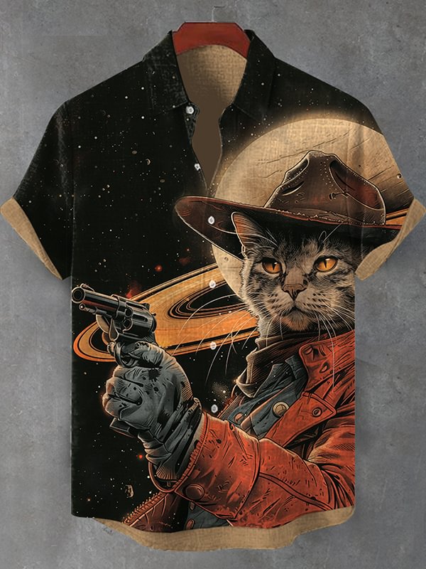 Men's Interstellar Cat Cowboy Retro Future Art Print Shirt