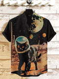 Men's Vintage Scifi Space Black Cat Art Print Casual Shirt