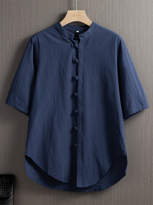 Men's Solid Color Retro Chinese Knot Button Cotton And Linen Shirt