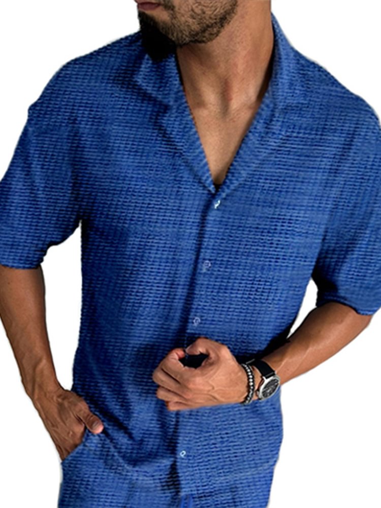 Men's Solid Color Lapel Collar Casual Short Sleeve Shirt
