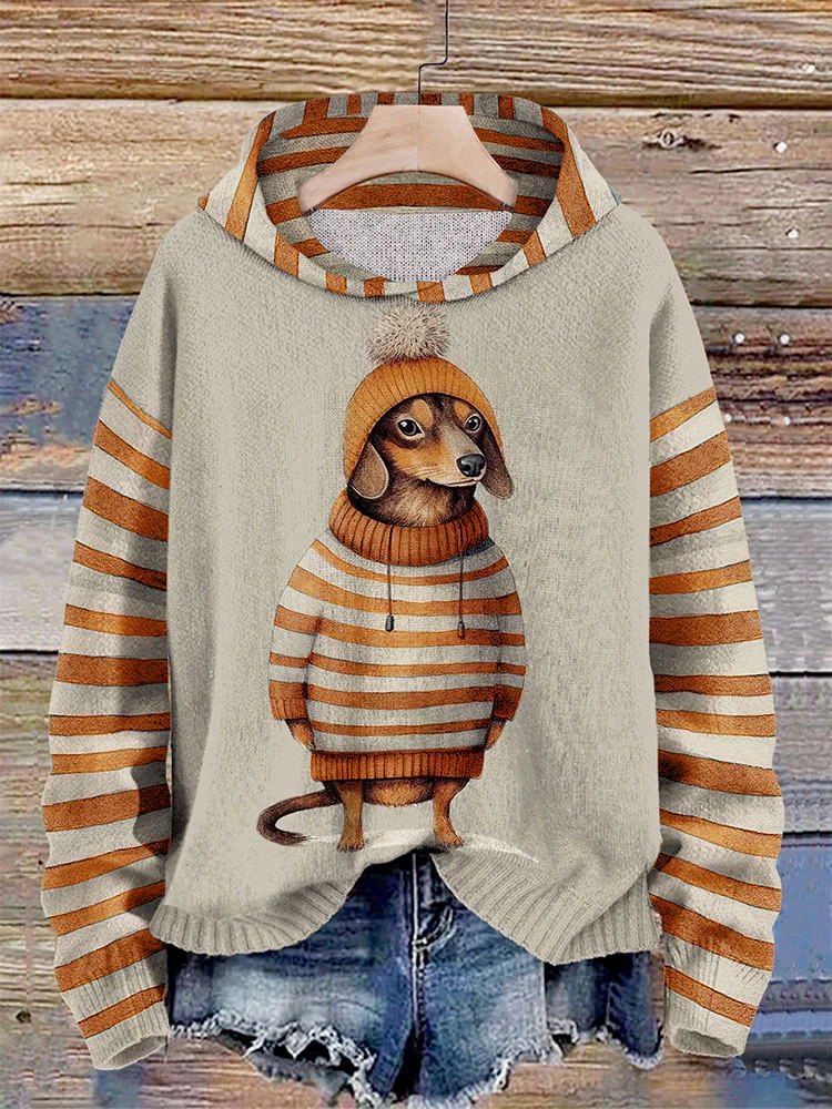 Women's Dachshund Dog In Clothes Print Stripe Splice Hoodie