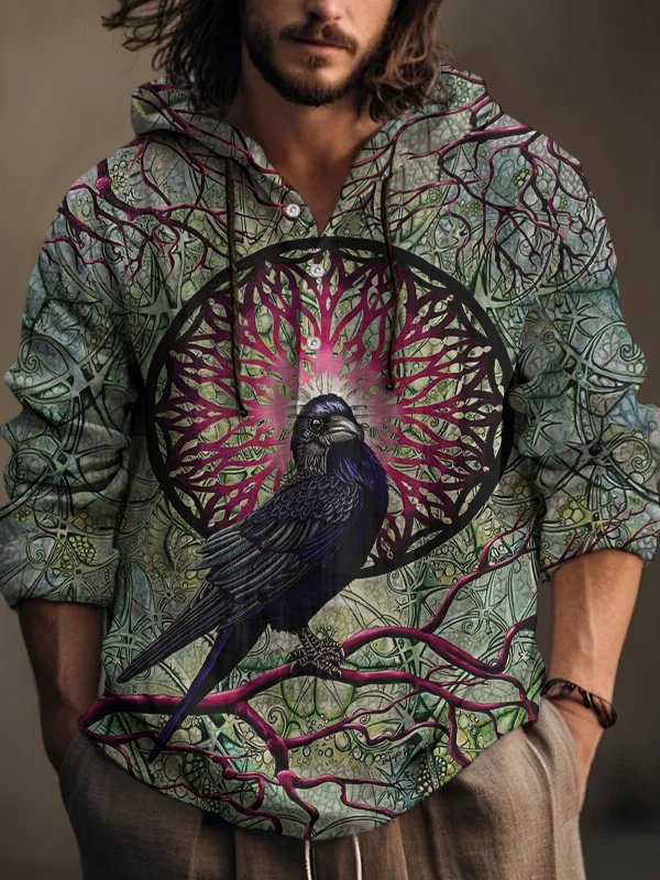 Men's Mysterious Crow Print Hooded Shirt