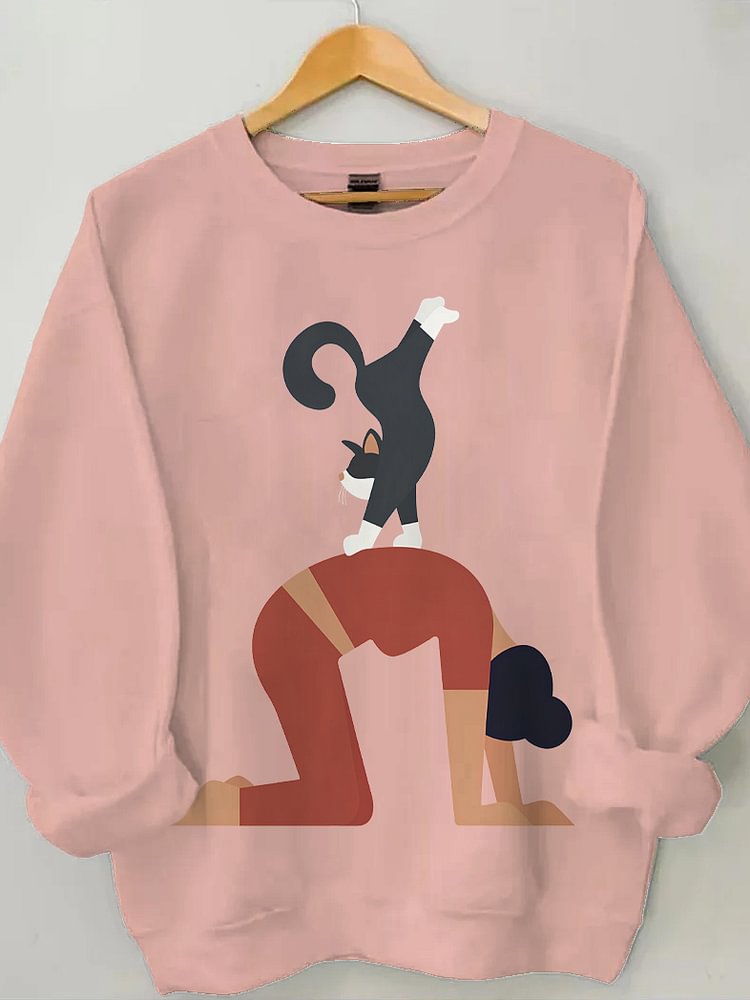 Women's Yoga Lover Cat Print Cotton Long Sleeve T-Shirt Thin Sweatshirt
