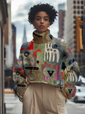 Women's Retro Geometric Pattern Print High Neck Knit Sweatshirt