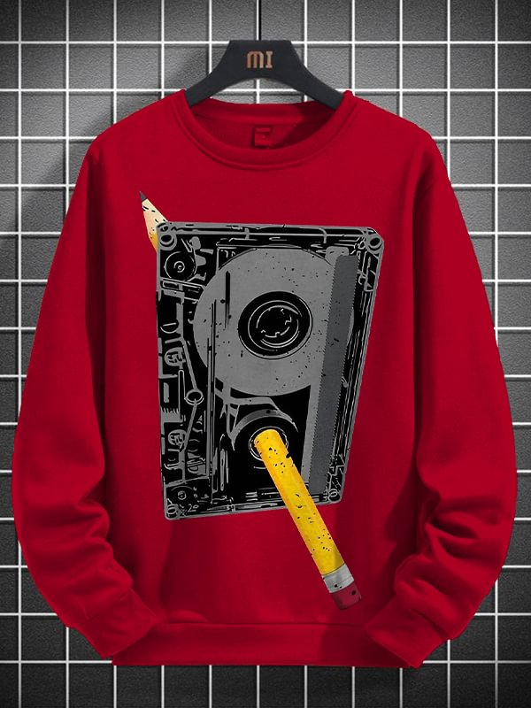 Men's Cassette Tape And Pencil Retro Art Print Cotton Long Sleeve T-Shirt Thin Sweatshirt