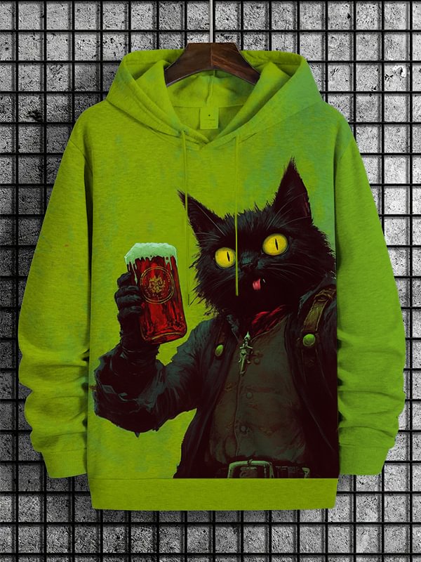 Men's Exploration Cat Cheers Oil Painting Art Print Casual Hoodie
