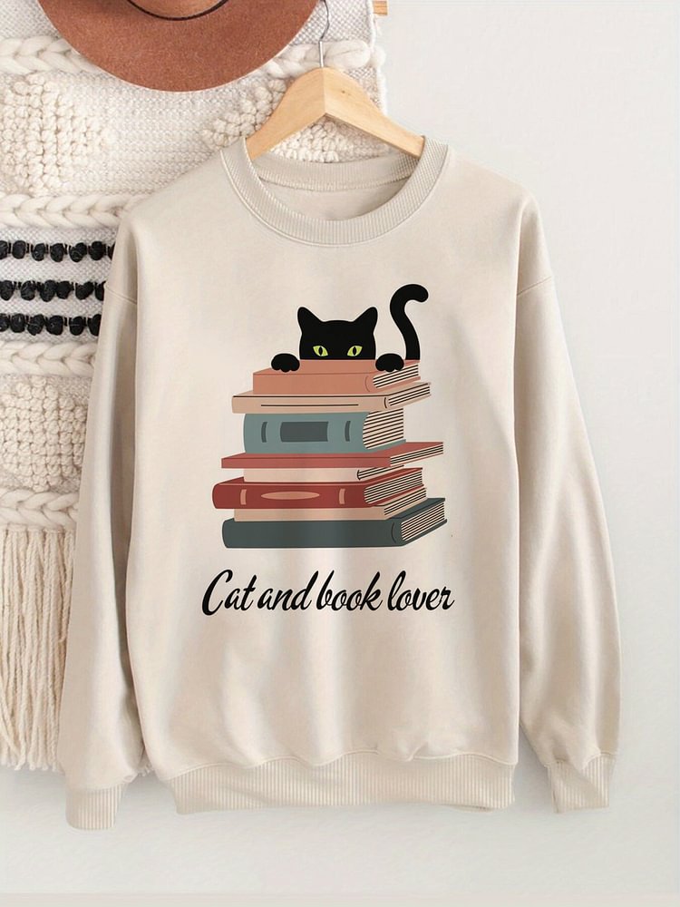 Women's Cat And Book Lover Art Print Casual Sweatshirt