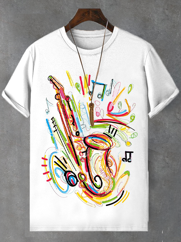 Men's Colourful Saxophone Notes Graffiti Print Cotton Casual T-Shirt