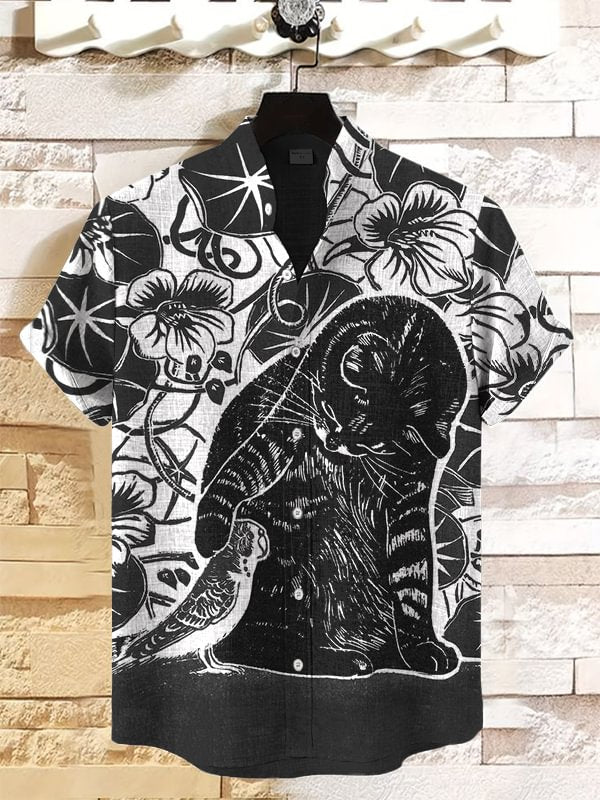 Men's Cat And Bird Floral Pattern Art Print Casual Shirt