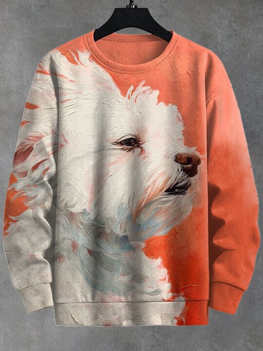 Men's White Dog Painting Print Casual Sweatshirt