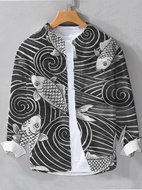 Men's Japanese Art Fish Print Long Sleeve Shirt