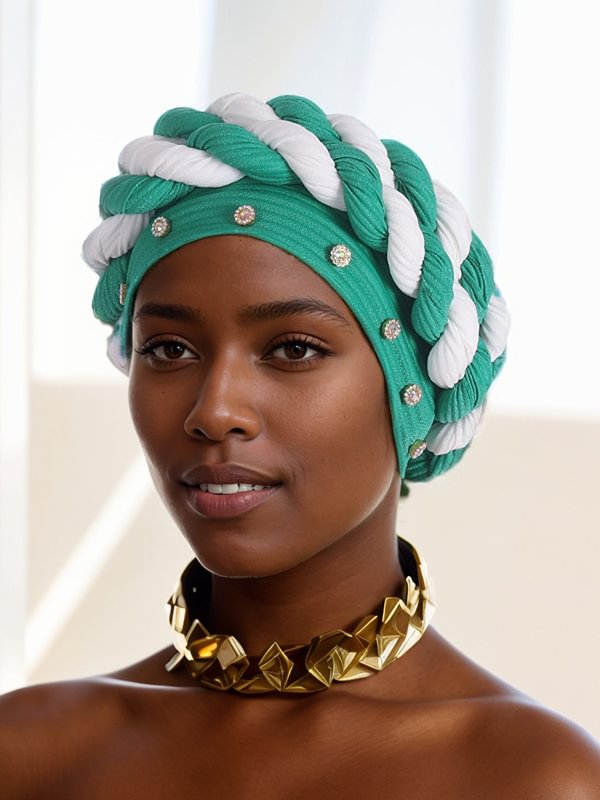 Women's Strip Rhinestone Decor Color Block Braid Turban Hat