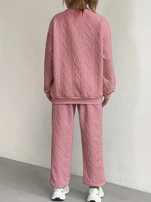Women's Casual Solid Jacquard Textured Long Sleeve Sweatshirt Pants Matching Set