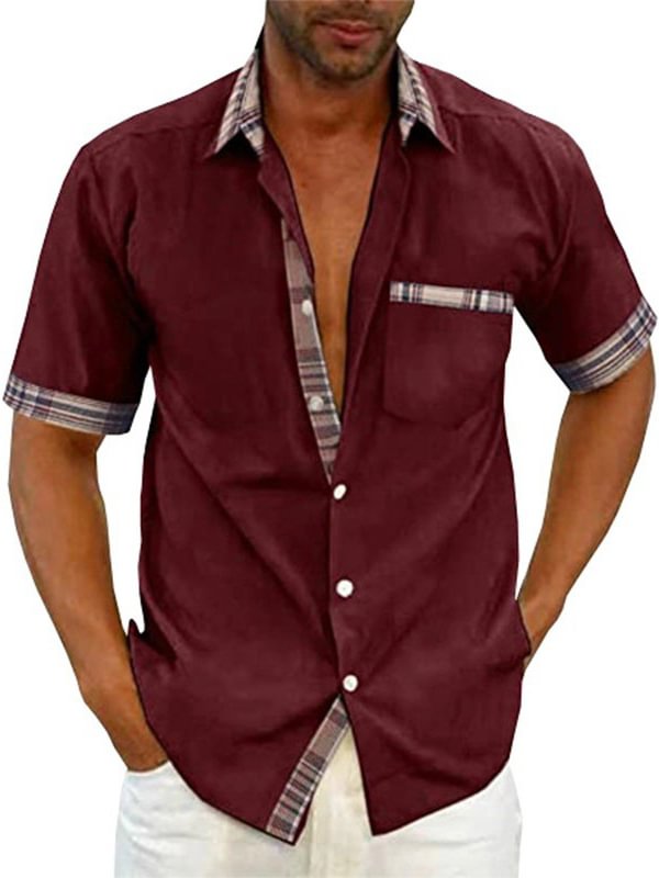 Men's Plaid Patchwork Chest Pocket Short Sleeve Business Casual Shirt