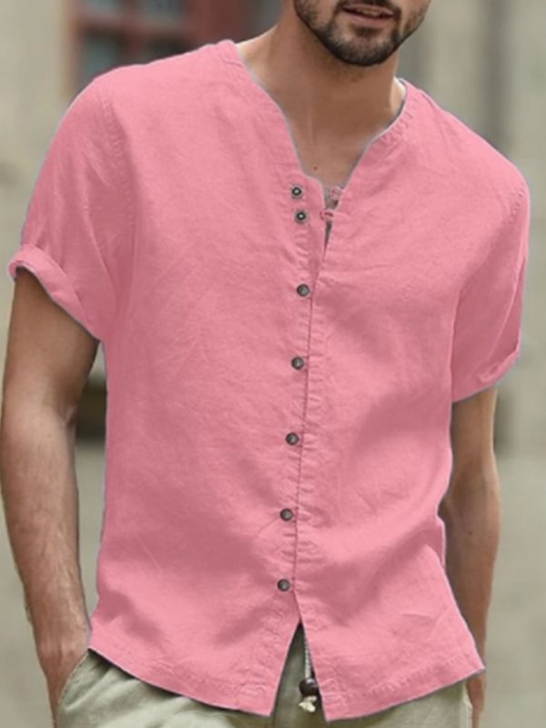Men's Casual Button V Neck Short Sleeve Plain Linen Shirt