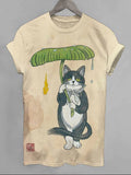 Women's Cat Holding Lotus Leaf Umbrella Japanese Art Print Casual T-Shirt