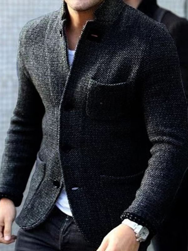 Men's Business Casual Slim Stand Collar Single Breasted Pocket Knit Jacket