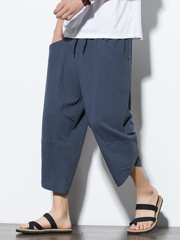 Men's Casual Pocket Drawstring Waist Wrapped Cuff Cotton Linen Crop Harem Pants
