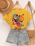 Women's Retro Instrumental Music Playing Jazz Print Cotton Casual T-Shirt