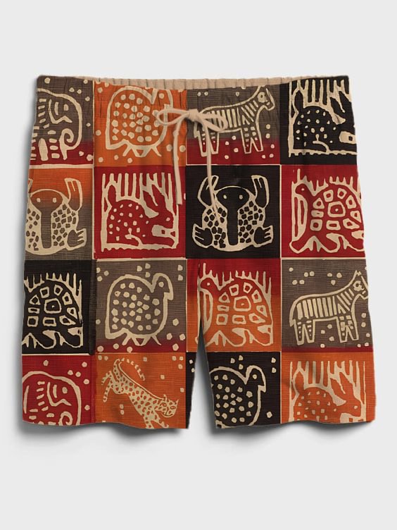 Men's Woodblock Print Animal Art Print Casual Shorts