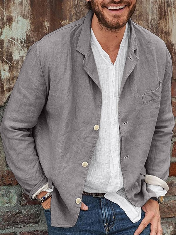 Men's Lapel Collar Button Up Long Sleeve Cotton Linen Plain Shirt
