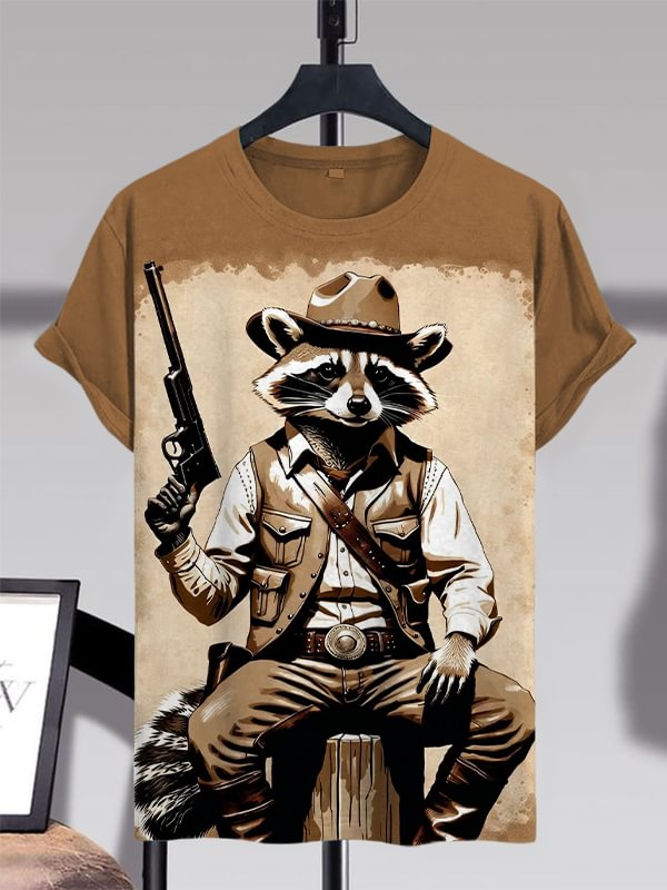 Men's Cowboy Raccoon Art Print Casual T-Shirt