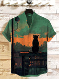 Men's Sunset Landscape Cat Back View Art Print Linen Blend Casual Shirt