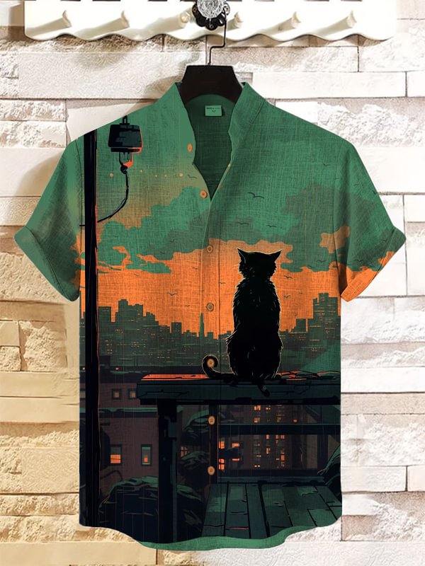 Men's Sunset Landscape Cat Back View Art Print Linen Blend Casual Shirt