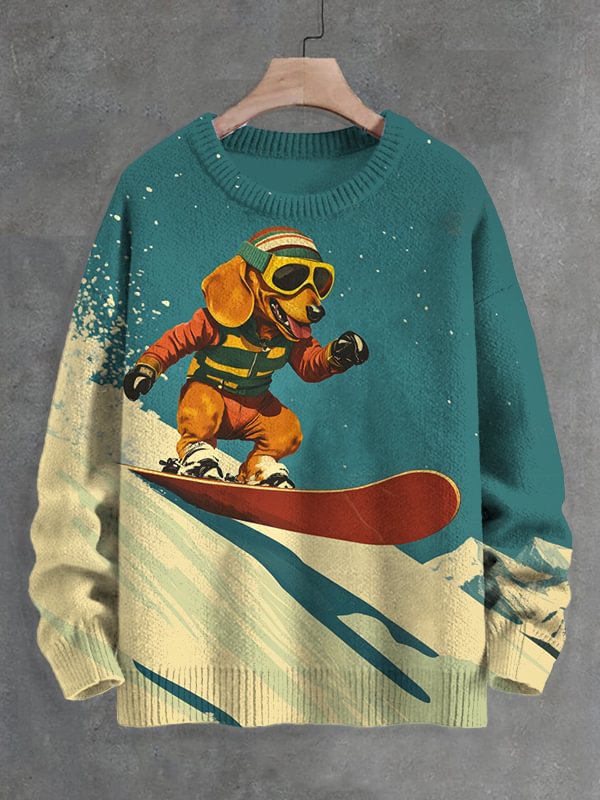 Men's Dachshund Skiing Art Print Knit Sweatshirt
