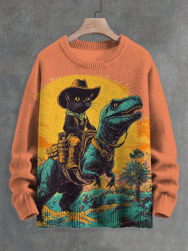 Men's The Fantasy Journey Of Cowboy Black Cat And Dinosaur Print Knit Sweatshirt